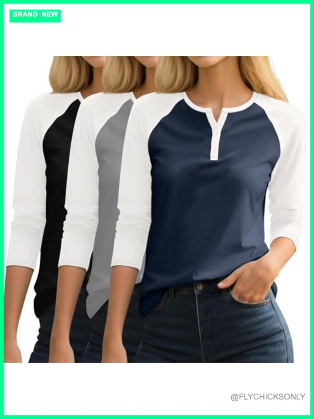 Womens 3/4 Raglan Sleeve T-Shirts Color Block Casual Tops 3 Pack